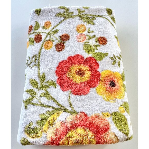 Vintage 70s bath towel, orange, pink, green flowers, fringed, velours terrycloth - Picture 8 of 8